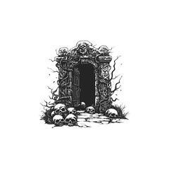 Fototapeta premium Dark and ominous illustration of an old, stone doorway overgrown with thorny vines and surrounded by a pile of human skulls