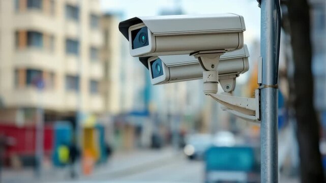 Vigilance: A pair of modern security cameras mounted on a pole observe the urban landscape. capturing the essence of vigilance and surveillance