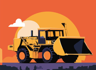 Obraz premium yellow vector bulldozer iIllustrator Artwork rigth face direction with half full yellow sunset and orange sky sunset