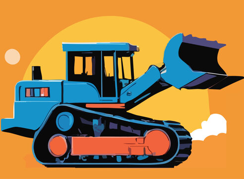 blue vector bulldozer iIllustrator Artwork rigth face direction with, cloud and sunset sky