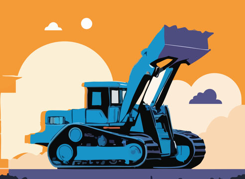 blue vector bulldozer iIllustrator Artwork rigth face direction with, cloud and sunset sky