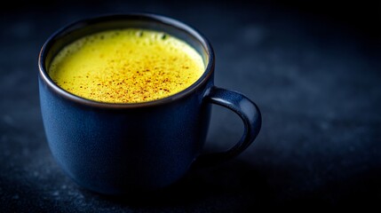 Single mug of golden milk on matte navy backdrop, glowing tone with negative space