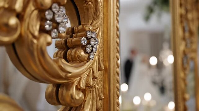 Close-up of an ornate gold-framed mirror with rhinestones, reflecting a blurred bridal shop interior with white dresses and lights.