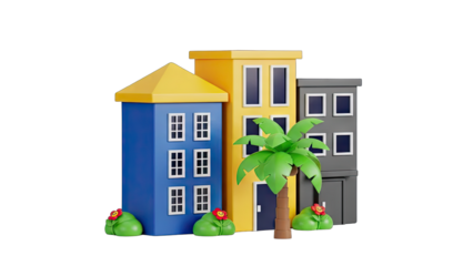Vibrant 3D Rendering Of Three Stylized Buildings Blue Yellow And Gray With A Palm Tree And Red Flowers On A Transparent Background Cheerful Cartoon Style Illustration