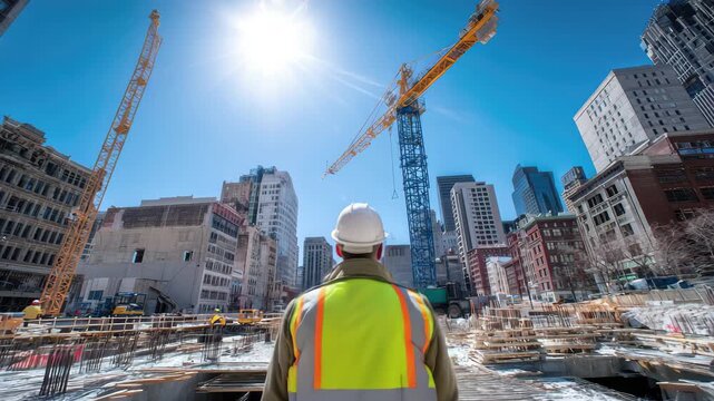 Construction Worker in High- Visibility Vest at Urban Building Site builder foreman