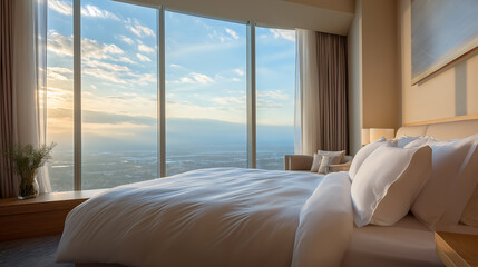 Cloud Dancer Spacious Hotel Bedroom with Panoramic City View and White Bedding Colour of the Year 2026