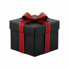 Black gift box with red ribbon bow, elegant present isolated on transparent background