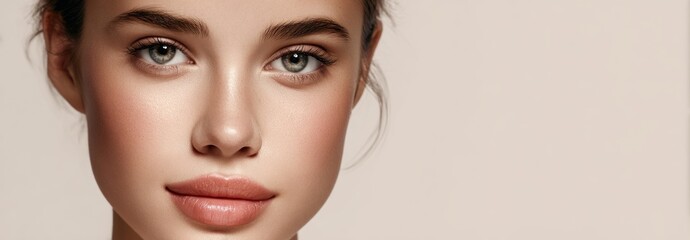 Fototapeta premium Close up portrait of a womans face with smooth skin and neutral background