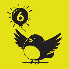 Cute cartoon bird with outstretched wings holding a balloon with the number six