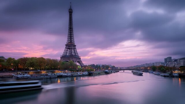 Eiffel Tower at dusk with a boat on the Seine River under a dramatic purple sky Paris France