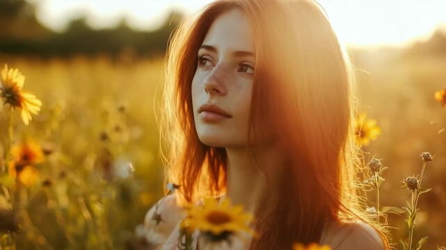 Serene Sunset Radiance: A young woman with red hair, freckled skin, gazes toward the golden sunset in a field of sunflowers, a portrait of peace and beauty.
