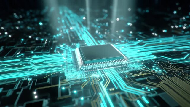 Futuristic circuit board with glowing teal lines and a central processor chip motherboard technology