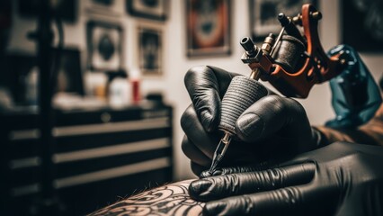 Close-up of a tattoo artist's gloved hands using a tattoo machine to create intricate designs on