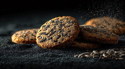 Clean arrangement of Scandinavian rye cookies with caraway seeds, placed on cool charcoal background, generous copy space