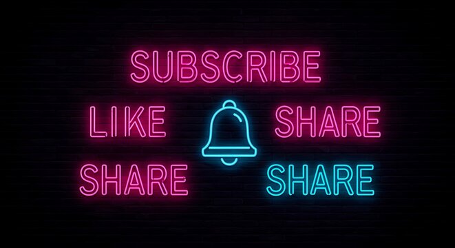 Neon Sign with Subscribe Like Share Bell Icons on Dark Brick Wall image photo - Powered by Adobe