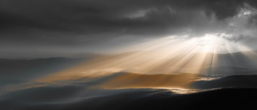 Dramatic sky with radiant light beams breaking through dark clouds