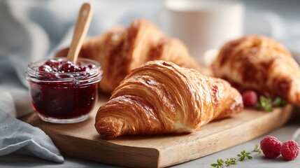 Clean holiday breakfast layout featuring croissants and berry jam, minimalist presentation on light wooden board, soft light
