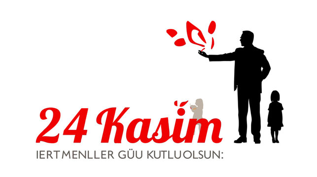 A typographic badge design marking Turkish Teachers&rsquo; Day on November 24, featuring elements of the Turkish flag and silhouettes of Mustafa Kemal Ataturk with students