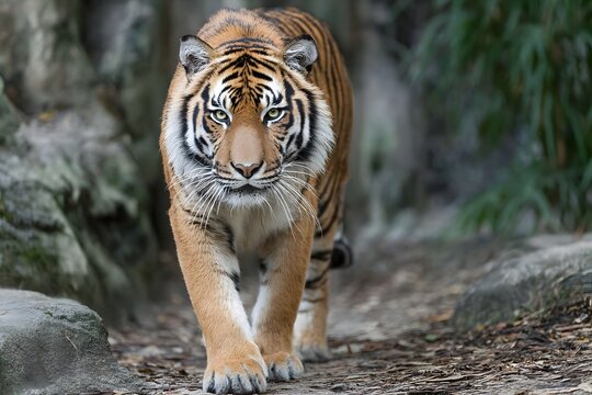 A majestic Bengal tiger walks forward in its natural habitat.