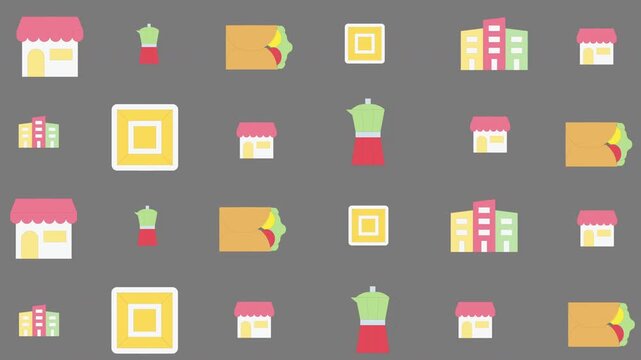Seamless flat design icons set of office supplies and workspace elements in pastel colors, digital graphic illustration, top-down view, modern concept