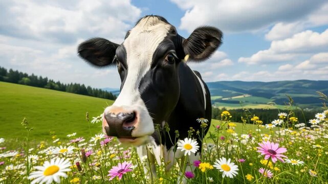 Holstein Cow in the Meadow: A stunning, black and white Holstein cow stands gracefully in a vibrant meadow, surrounded by colorful wildflowers under a bright blue sky.