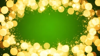 Obraz premium Festive golden bokeh lights forming a decorative border on a vibrant green background, perfect for holiday and celebration themes