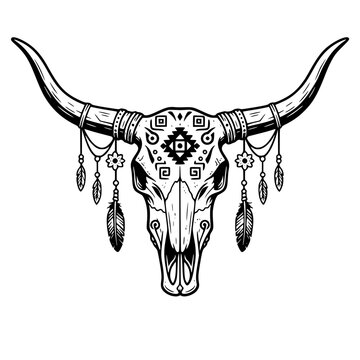 Western Cow Skull Line Art. Black and White Vector Icon for Logo, Boho Decor, Ranch Symbol, Simple Longhorn Bones, or Southwestern/Desert Design. Generative ai