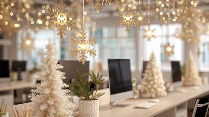 Christmas tree foreground, blurred festive business loft office lobby interior, mall on a background. Coworking during Xmas. Copy space, holiday spirit. Selective focus. Seasonal winter festivity