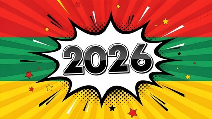 Vibrant 2026 year graphic, bold numbers in comic pop art explosion style, colorful radial background, for future event announcements