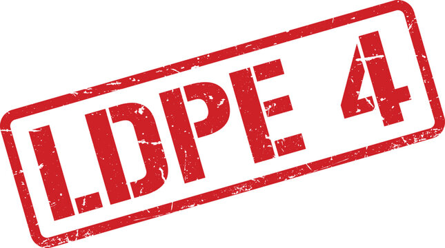 Red Distressed LDPE 4 Rubber Stamp Illustrating LowDensity Polyethylene Recycling Symbol Isolated on White