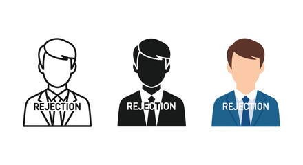 Three businessmen facing rejection in different styles