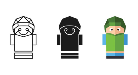 Three cartoon characters with different headgears and outfits