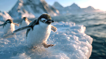 Energetic Baby Penguin on Ice
