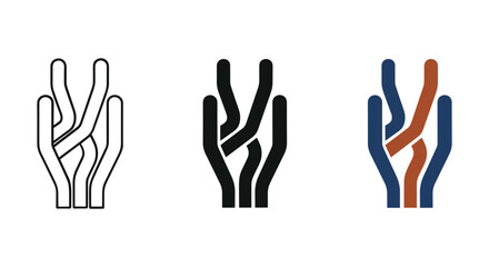 Three hand logo designs in different colors and styles