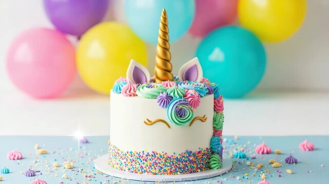 Enchanting Unicorn Cake with Balloons: A whimsical unicorn cake with a golden horn and colorful decorations stands amidst a cluster of vibrant balloons, creating a scene of joyful celebration. 