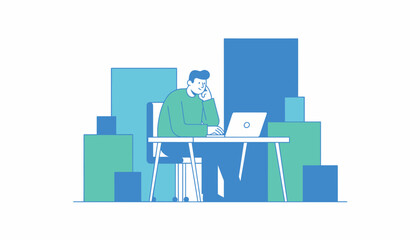 Obraz premium Thoughtful Man Working on Laptop in Modern Office