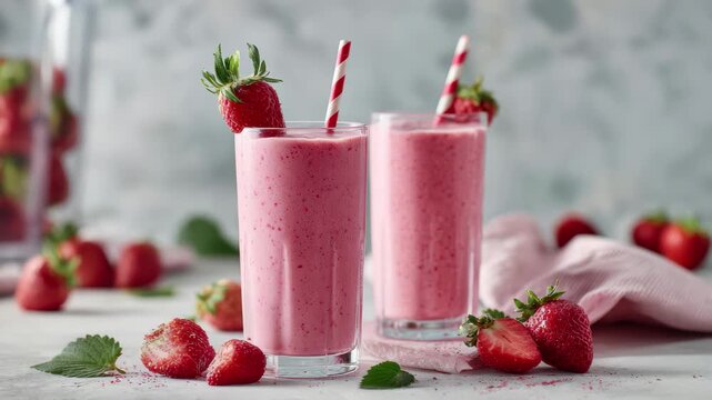 Two refreshing strawberry smoothies with fresh strawberries and mint drink beverage