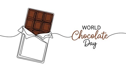 World chocolate day celebration with a single line drawing of an open chocolate bar, isolated on white background