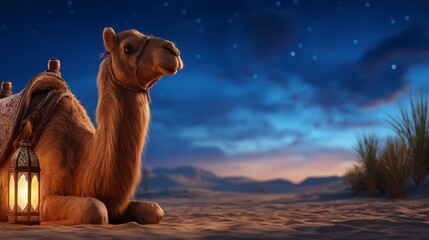 Fototapeta premium A camel is sitting in the desert at night with a lantern in front of it