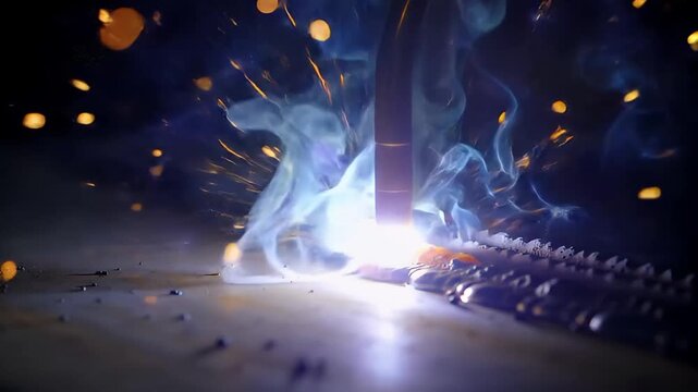 Intense welding process with bright arc, molten metal, and flying sparks in a dark industrial environment. Close-up view of fabrication.