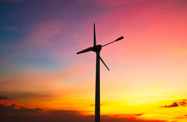 Obraz premium Wind mill power energy farm generator renewable sustainable field on suset, environment eco system technology industry ecology electricity power propeller turbine clean carbon.
