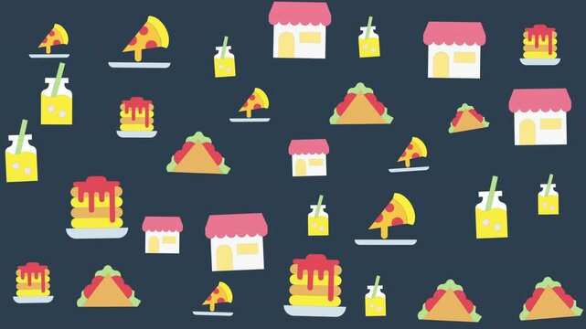 Seamless Food and Drink Pattern Design with Cake, Pizza, Juice, and Dessert Icons on Dark Background for Graphic Use