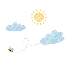 Cute hand drawn bee flying in sky with clouds and sun. Childlike crayon style illustration for kids background.