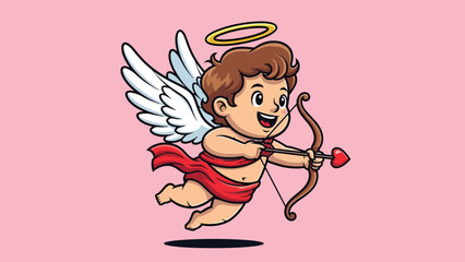 Adorable cartoon Cupid character with wings halo bow and hearttipped arrow. © NFS Studio