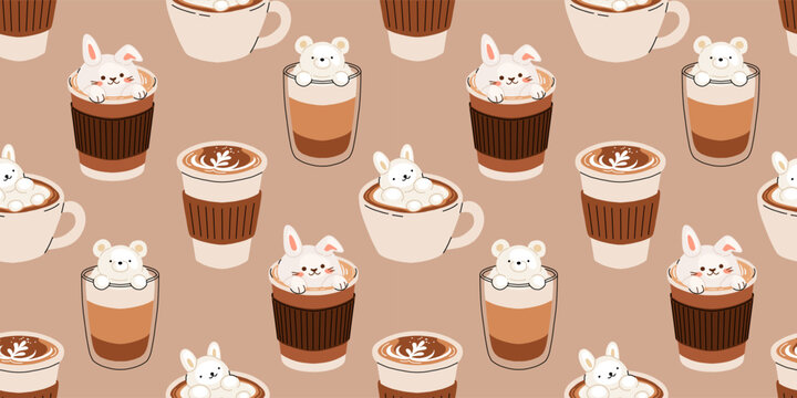 Cute coffee drinks collection, kawaii cups with latte art, whipped cream, boba tea, and cozy espresso. Adorable hot beverages set, cartoon flat vector illustration for cafe menu, stickers