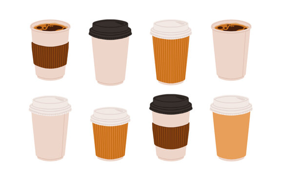 Takeaway paper coffee cups. Takeout hot drinks to go in paper mugs with lids and sleeves, zarf. Take-away tea and coffee on holder. Flat vector illustration isolated on white background