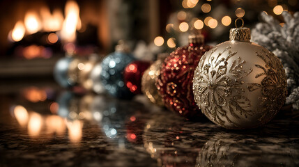 Christmas ornaments by fireplace