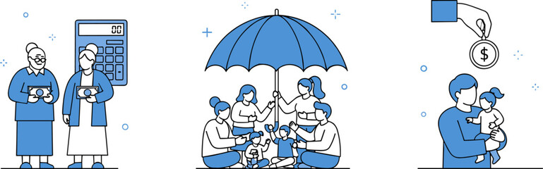 Financial planning and family support illustration, retirement savings, insurance protection, child welfare, black and white vector, future security concept