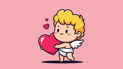 Cute cartoon Cupid character with blonde curly hair holding a big red heart.