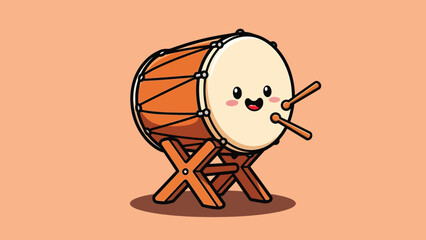 Cute Cartoon Drum with Happy Face and Drumsticks on Wooden Stand.